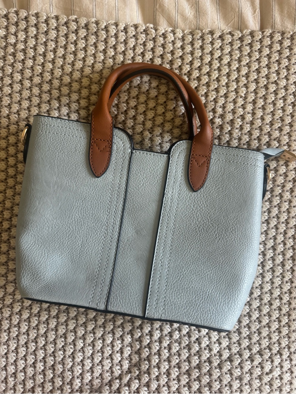 Sweet Faux Leather Light Blue and Brown Purse with Adjustable Strap